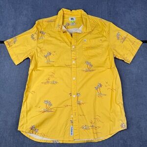 Vtg Yellow Quiksilver short-sleeved button-up shirt tropical palm tree print L